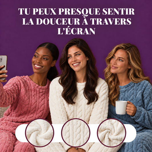 Trois femmes en ensemble cocooning, coloris rose, crème et bleu, gros plans sur la maille